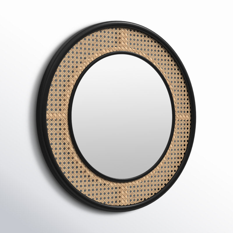 Round Rattan Wall Mirror with Black Frame - Boho-Chic Accent for Home Decor