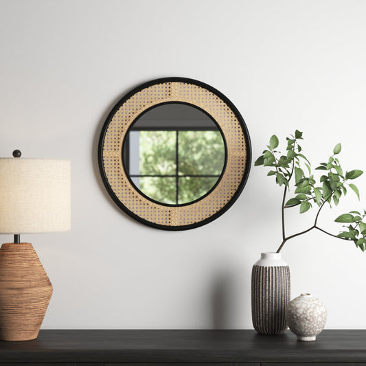 Round Rattan Wall Mirror with Black Frame - Boho-Chic Accent for Home Decor