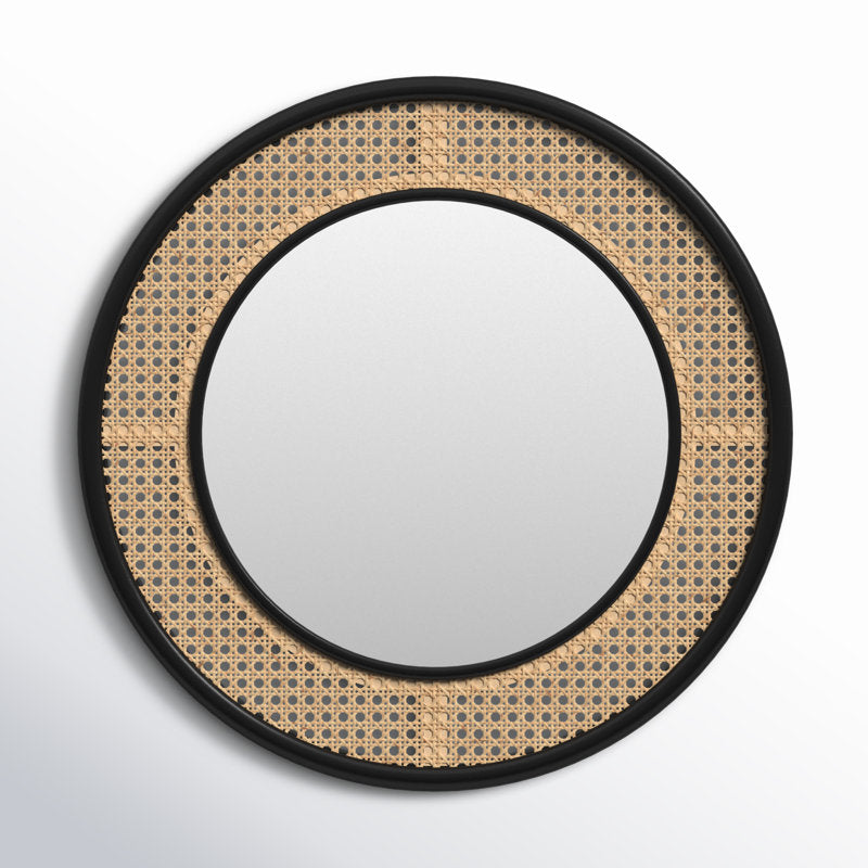 Round Rattan Wall Mirror with Black Frame - Boho-Chic Accent for Home Decor