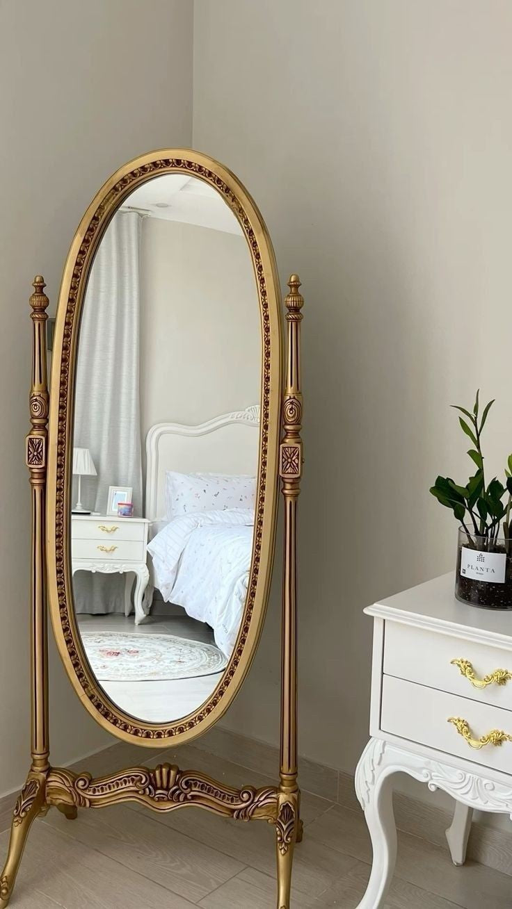 This Exquisite Vintage Inspired Standing Mirror - This Elegant Full-Length Mirror is Beautifully Framed in a Luxurious Gold Finish