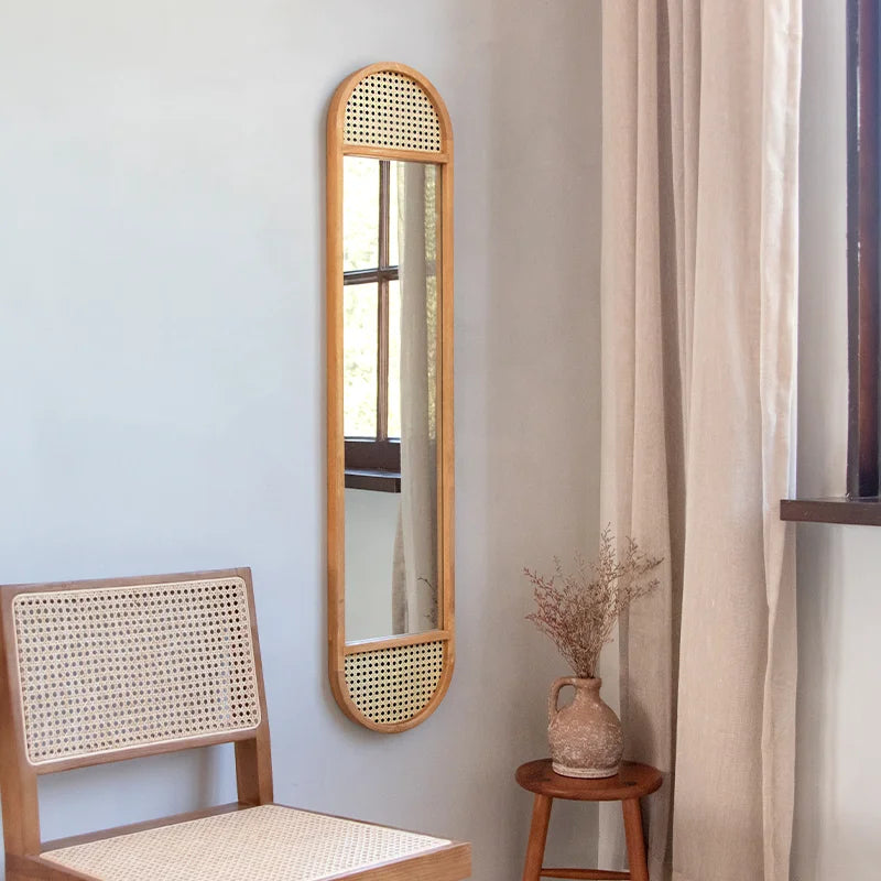 Rattan-Accented Wall Mirror - Slim Rectangular Boho Mirror for Home Decor