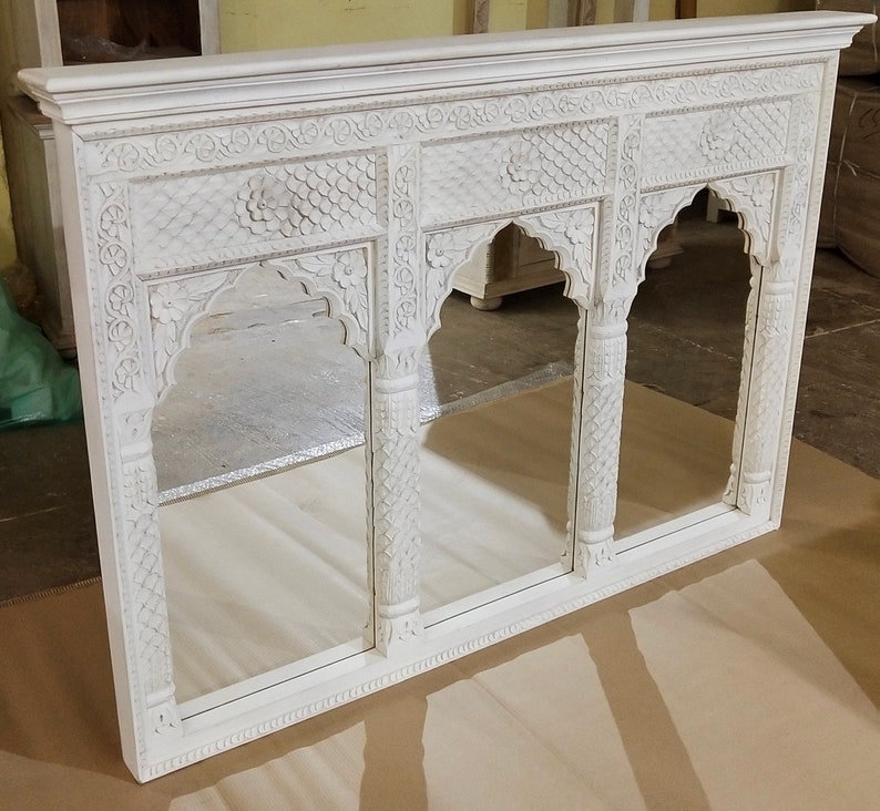 This 3 Arched Wooden Jharokha Mirror -  Meticulously Handcrafted to Replicate The Grandeur of Traditional Indian Palace Windows