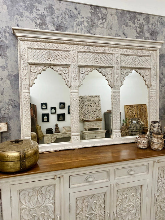 This 3 Arched Wooden Jharokha Mirror -  Meticulously Handcrafted to Replicate The Grandeur of Traditional Indian Palace Windows