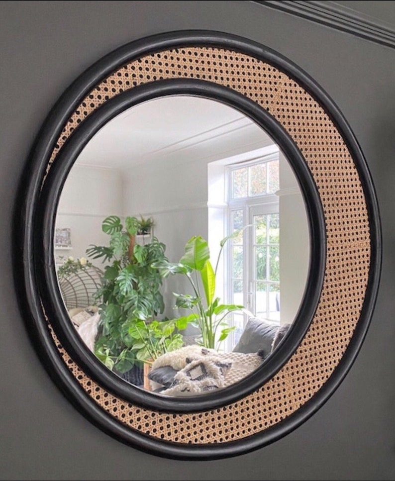 Round Rattan Wall Mirror - Modern Boho Accent Mirror for Home Decor