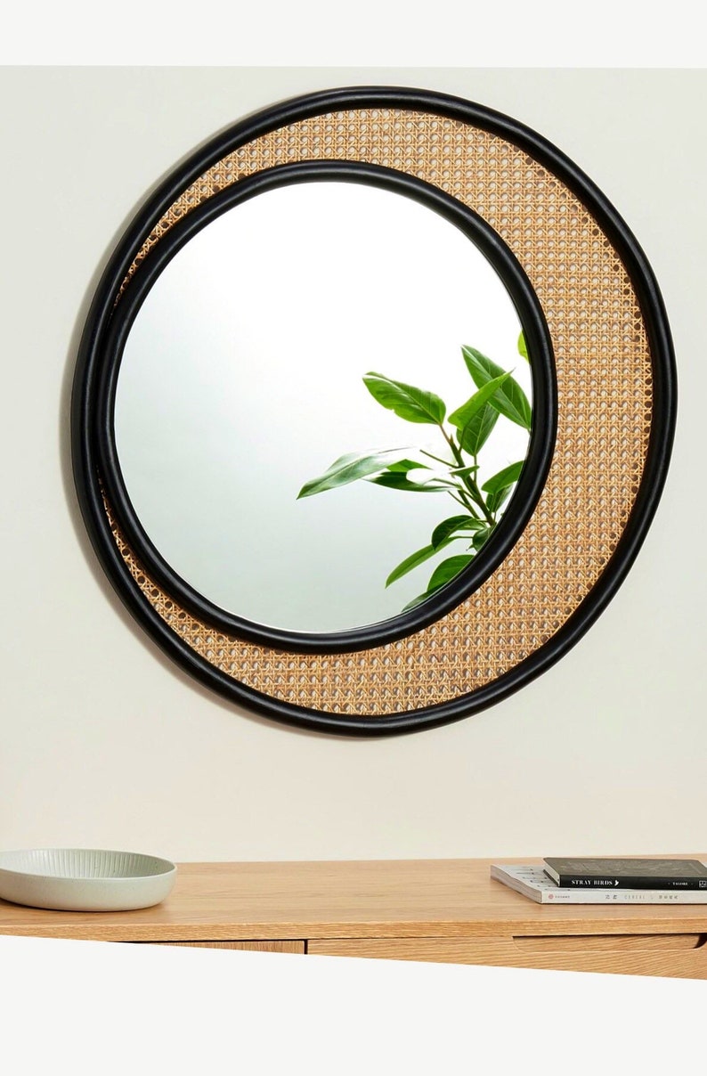 Round Rattan Wall Mirror - Modern Boho Accent Mirror for Home Decor