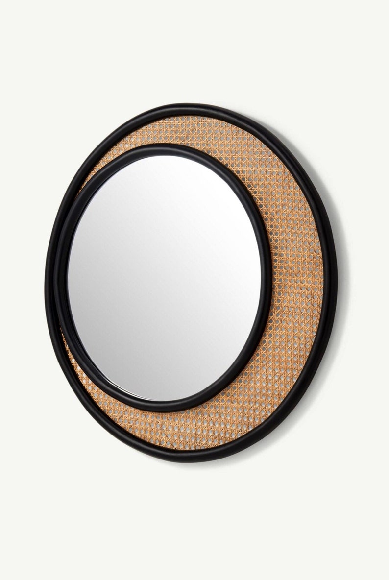 Round Rattan Wall Mirror - Modern Boho Accent Mirror for Home Decor