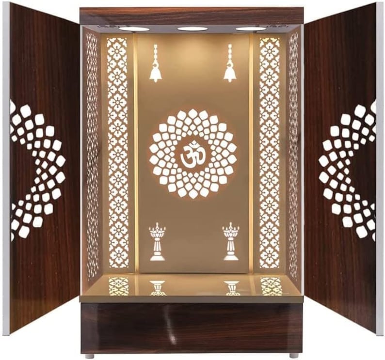 Brown & White Pooja Mandir Wooden Temple With Door for Home and Office