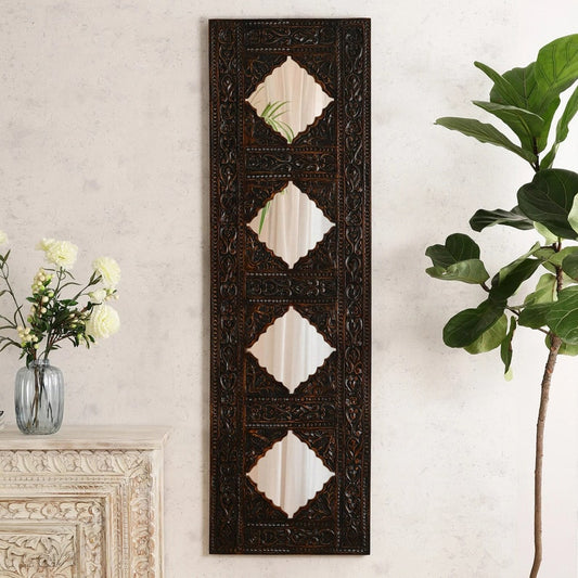 Handcrafted Intricately Carved Wooden Jharokha Wall Mirror with Diamond Accents