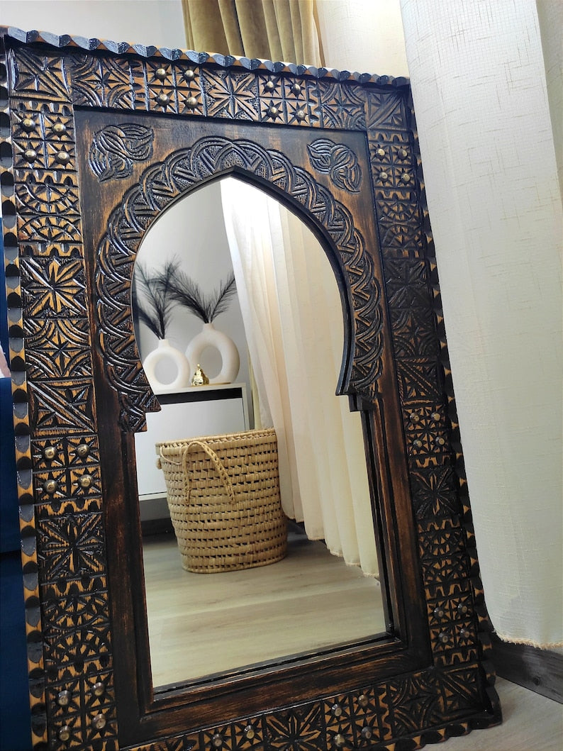 This Striking Wooden Jharokha Mirror - An Embodiment of Traditional Craftsmanship and Timeless Design