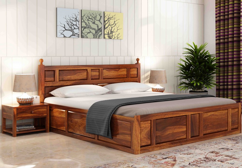 Premium Solid Wood King Size Double Bed with Storage | Natural Finish Wooden Bed