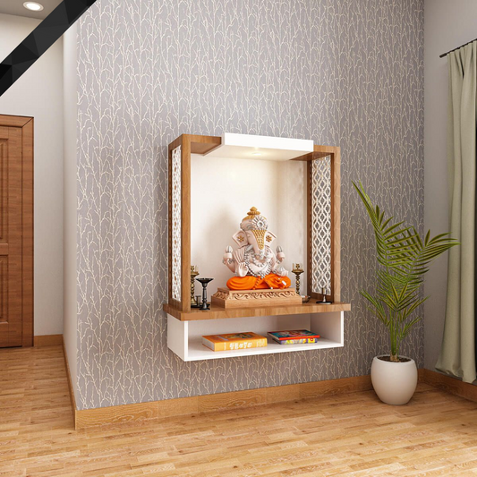 Pooja Mandir Wooden Temple White & Natural Wood Modern Design(30×24)
