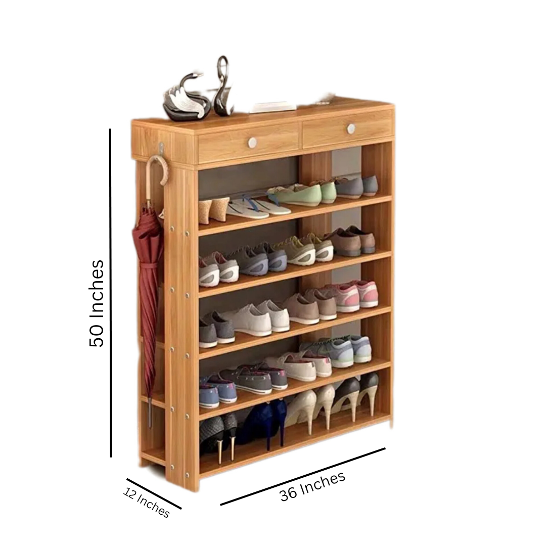 Wood Shoe Rack With Two Drawer Storage Organizer Shelf Standing Stand