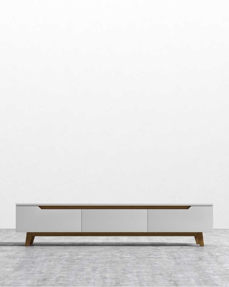 Modern Minimalist White TV Stand with Wooden Legs | Sleek Storage Cabinet for Living Room