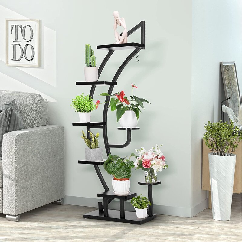 6-Tier Curved Planters Stand with Hanger For Decor (Black)