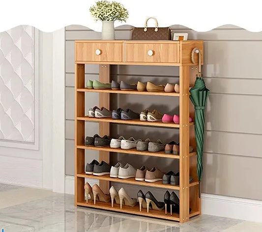 Wood Shoe Rack With Two Drawer Storage Organizer Shelf Standing Stand