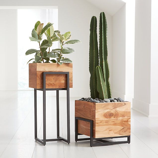 Wood Planter & Metal Planter Stand Set of Two