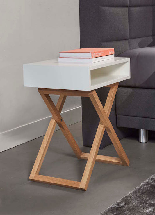 Cross Leg Bedside Table White With Natural Wood