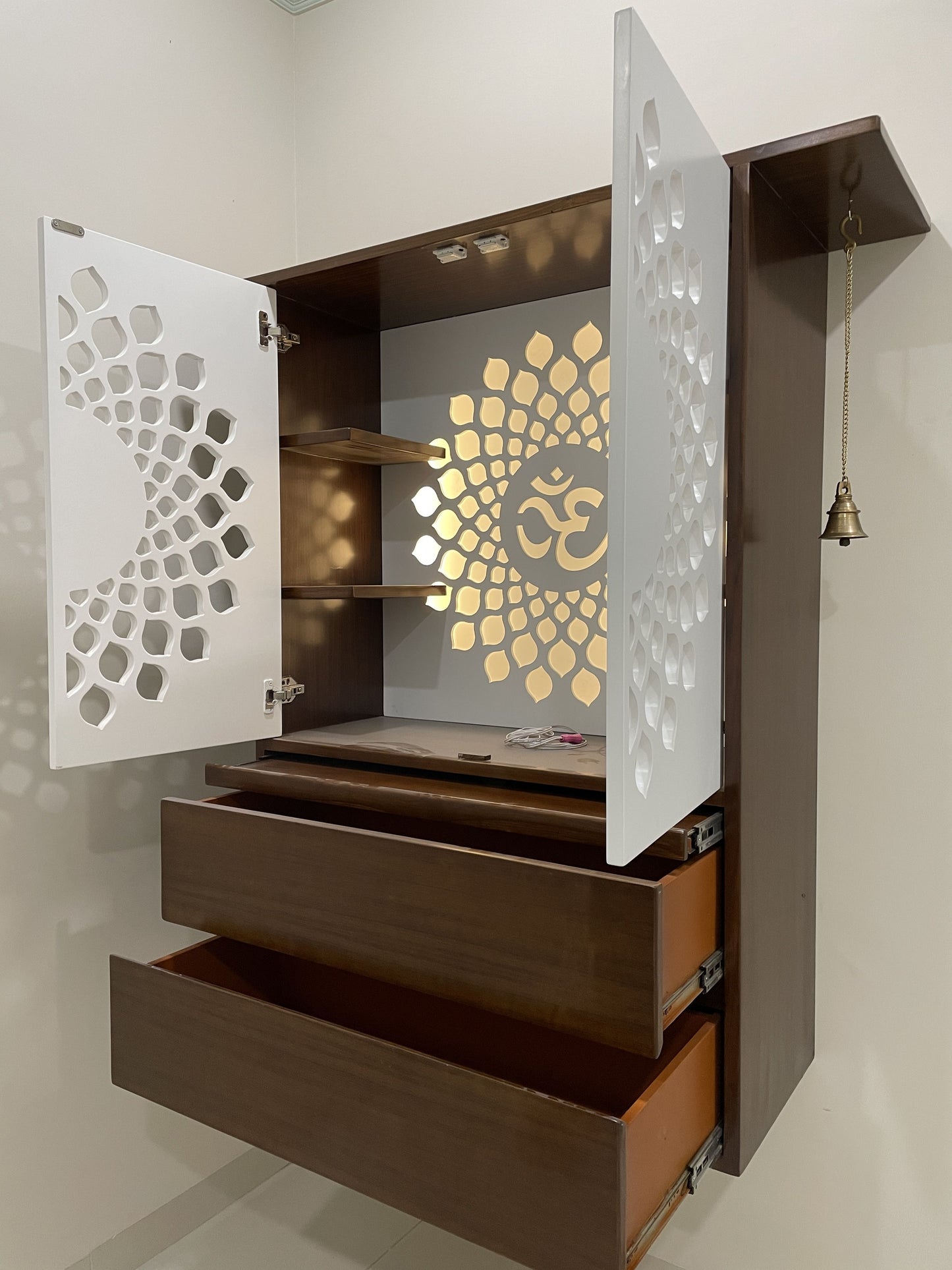 Modern Design Home Teak Pooja Mandir Brown & White With Door