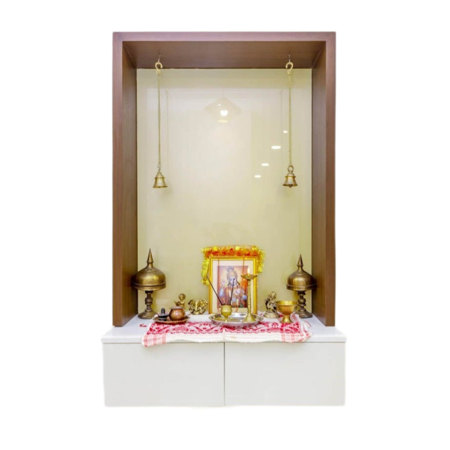 Pooja Mandir Wooden Temple White Brown Wood Modern Design (30×20)