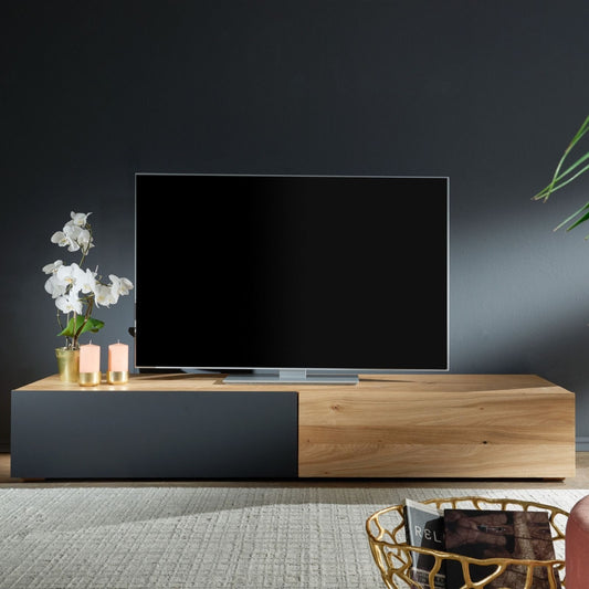 (Exclusive) - Modern Teakwood TV Cabinet with Matte Black Accents - Sleek Media Console for Contemporary Living Rooms