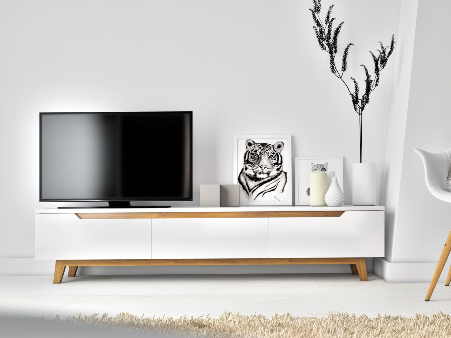 Modern Minimalist White TV Stand with Wooden Legs | Sleek Storage Cabinet for Living Room