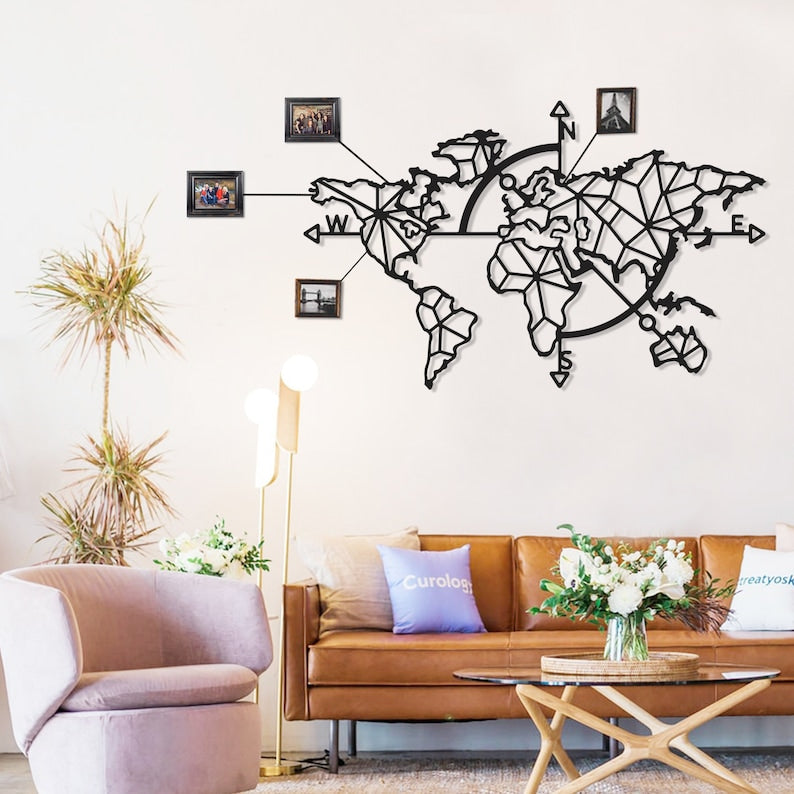 Metal World Map Wall Art Decor, World Map Compass, Large Metal Wall Decor, Home Office Living Room Entryway Wall Hanging (55×34)