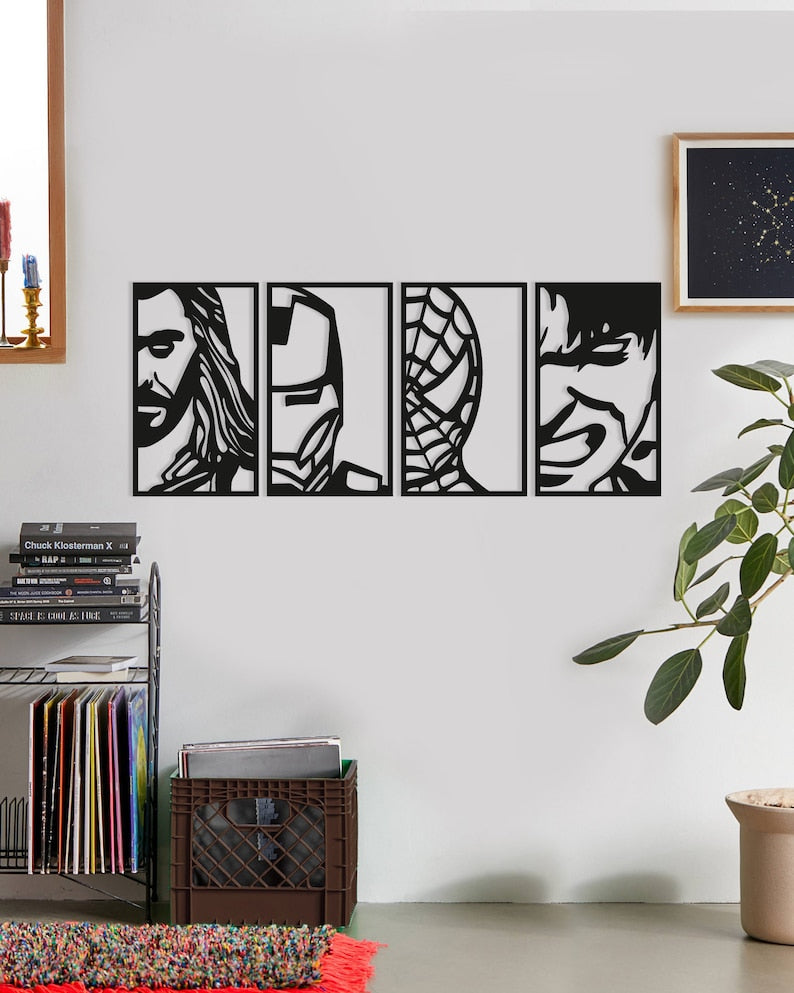 Avengers Face Portraits Wall Art Decor, Wood Wall Art Set, Avenger Superheroes, Geometric Framed (24×20)