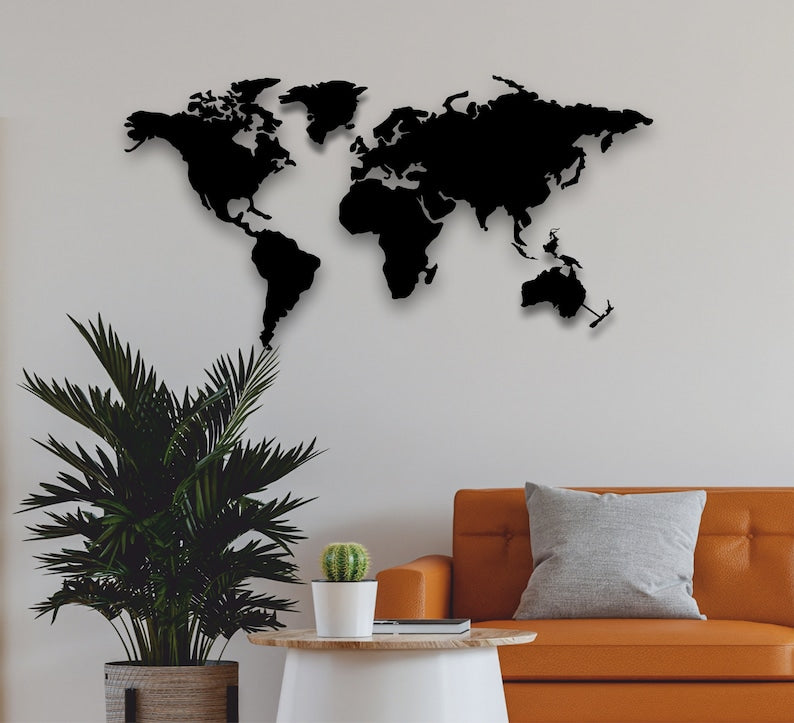 Metal World Map Continents Wall Art Decor, World Map Compass, Large Metal Wall Decor, Home Office Living Room Entryway Wall Hanging (40×21)