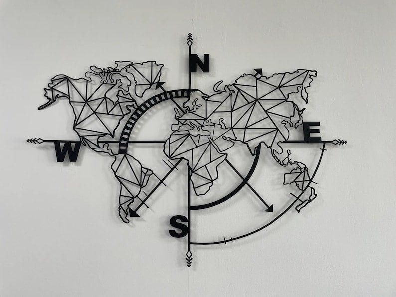 Metal World Map Wall Art Decor, World Map Compass, Large Metal Wall Decor, Home Office Living Room Entryway Wall Hanging (55×41)