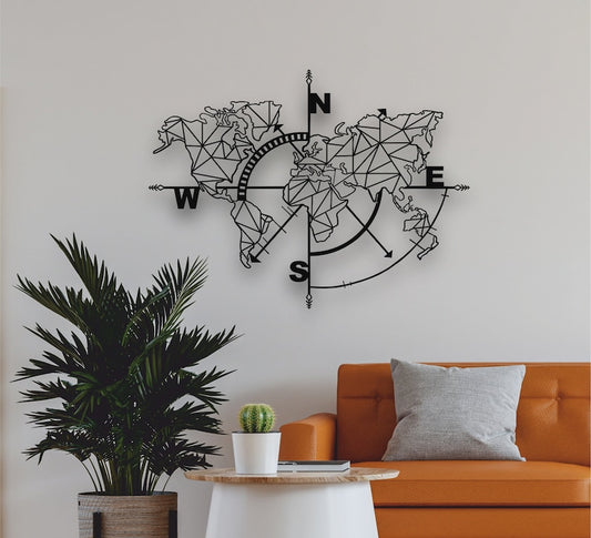 Geometric World Map Compass Wall Art – Modern Metal Decor for Living Room | Metal World Map Wall Art Decor, World Map Compass, Large Metal Wall Decor, Home Office Living Room Entryway Wall Hanging