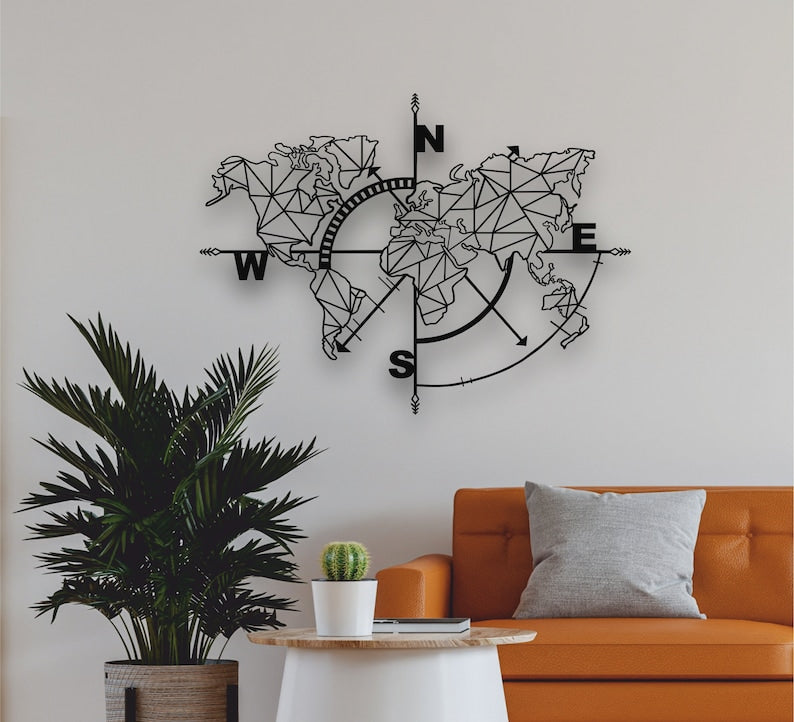 Metal World Map Wall Art Decor, World Map Compass, Large Metal Wall Decor, Home Office Living Room Entryway Wall Hanging (47×36)