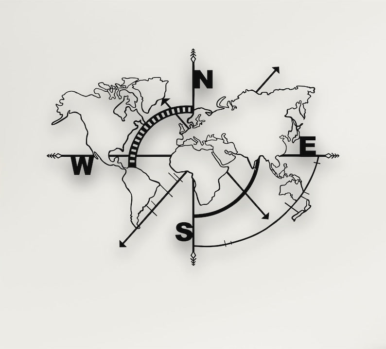 Metal World Map Wall Art Decor, World Map Compass, Large Metal Wall Decor, Home Office Living Room Entryway Wall Hanging (47×36)