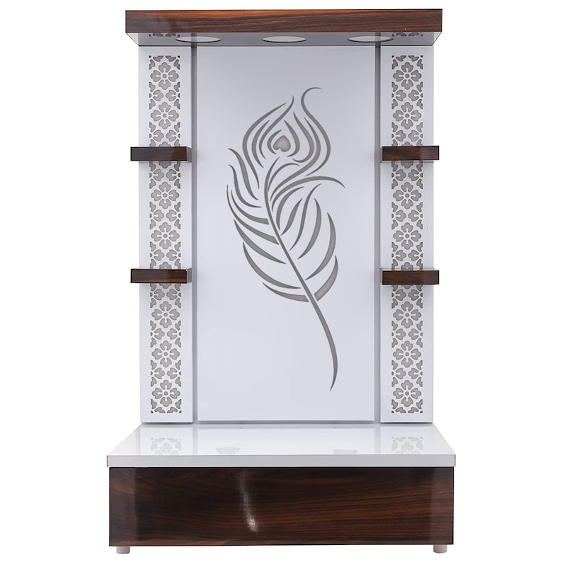 Pooja Mandir Wooden Temple Krishna Design White LED Light for Home and Office